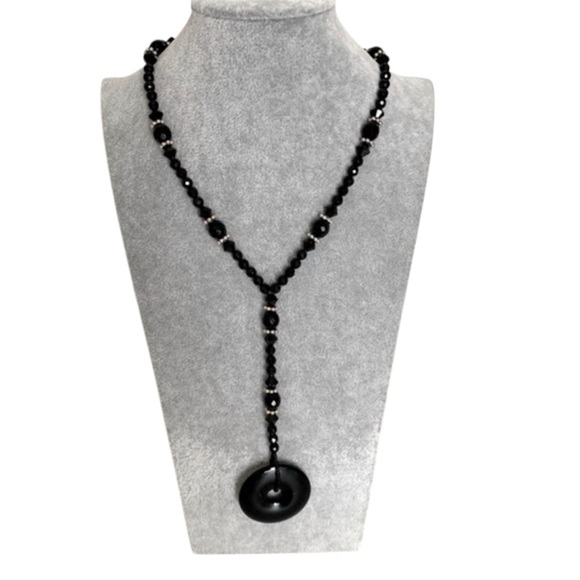 ARTISAN 925 Silver Black Swarovski Onyx beaded medallion statement necklace NEW